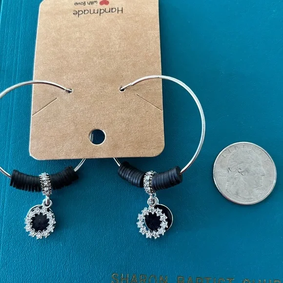 Silver and Black Hoop Earrings - Picture 3 of 4